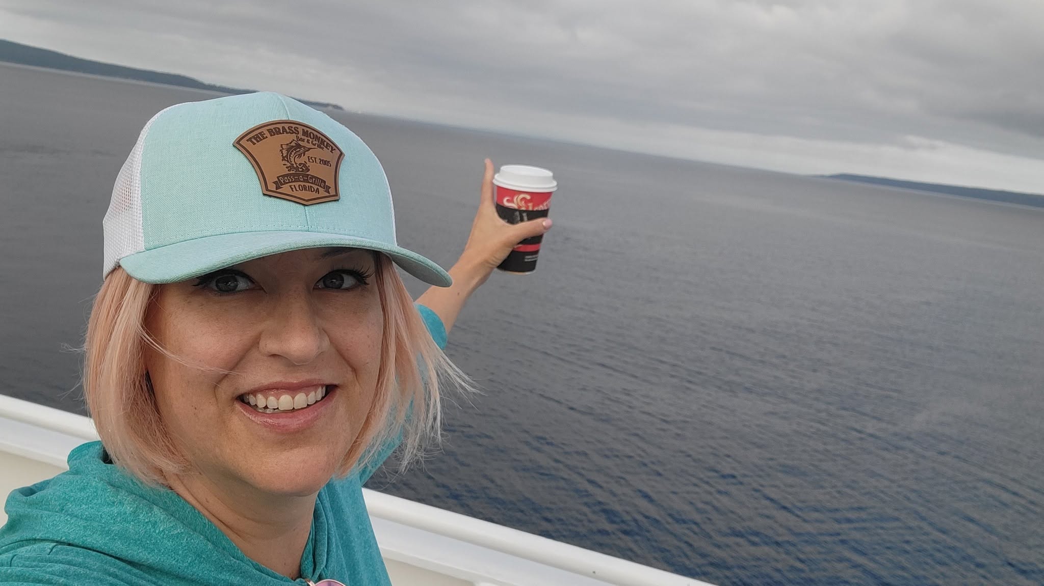 Kristina on a ferry over open water